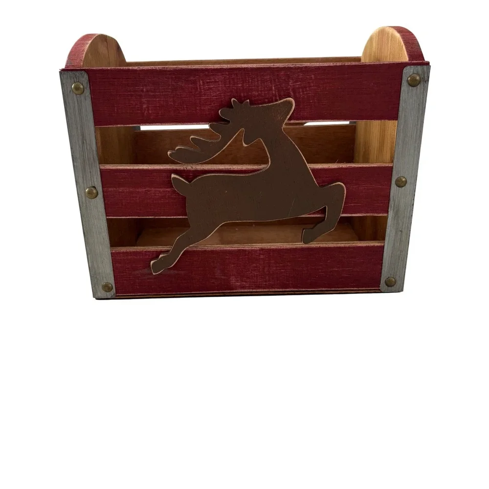 Rustic Wooden Christmas Reindeer Crate Holiday Decor Red Slatted Storage Box